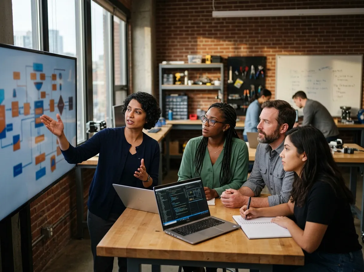 A small engineering team in a workshop-style enterprise training session