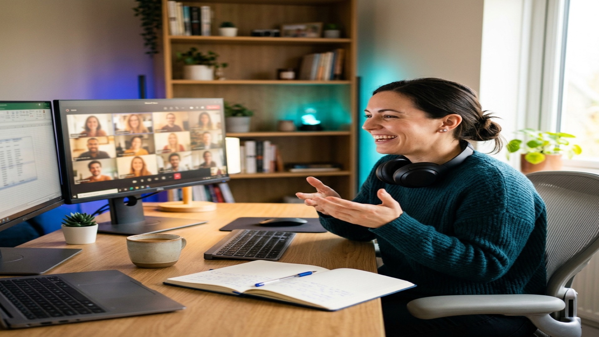 A learner joining a live online class from a home office