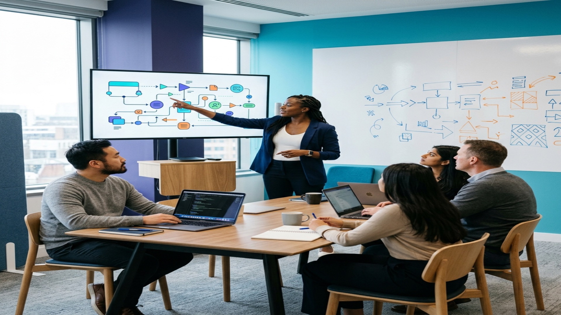 A small team collaborating around a screen in a training room