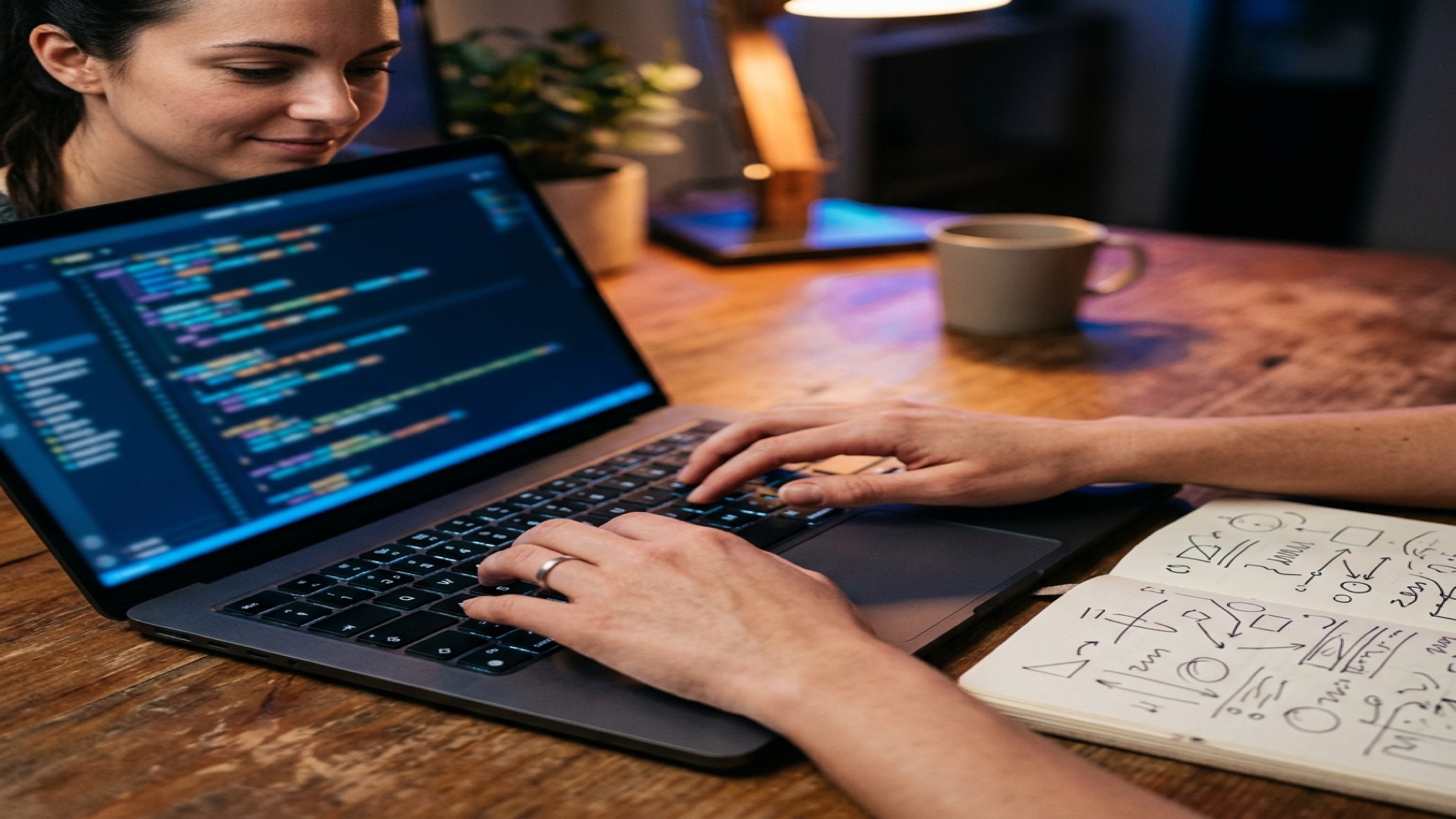 Close-up of hands typing code on a laptop during focused study