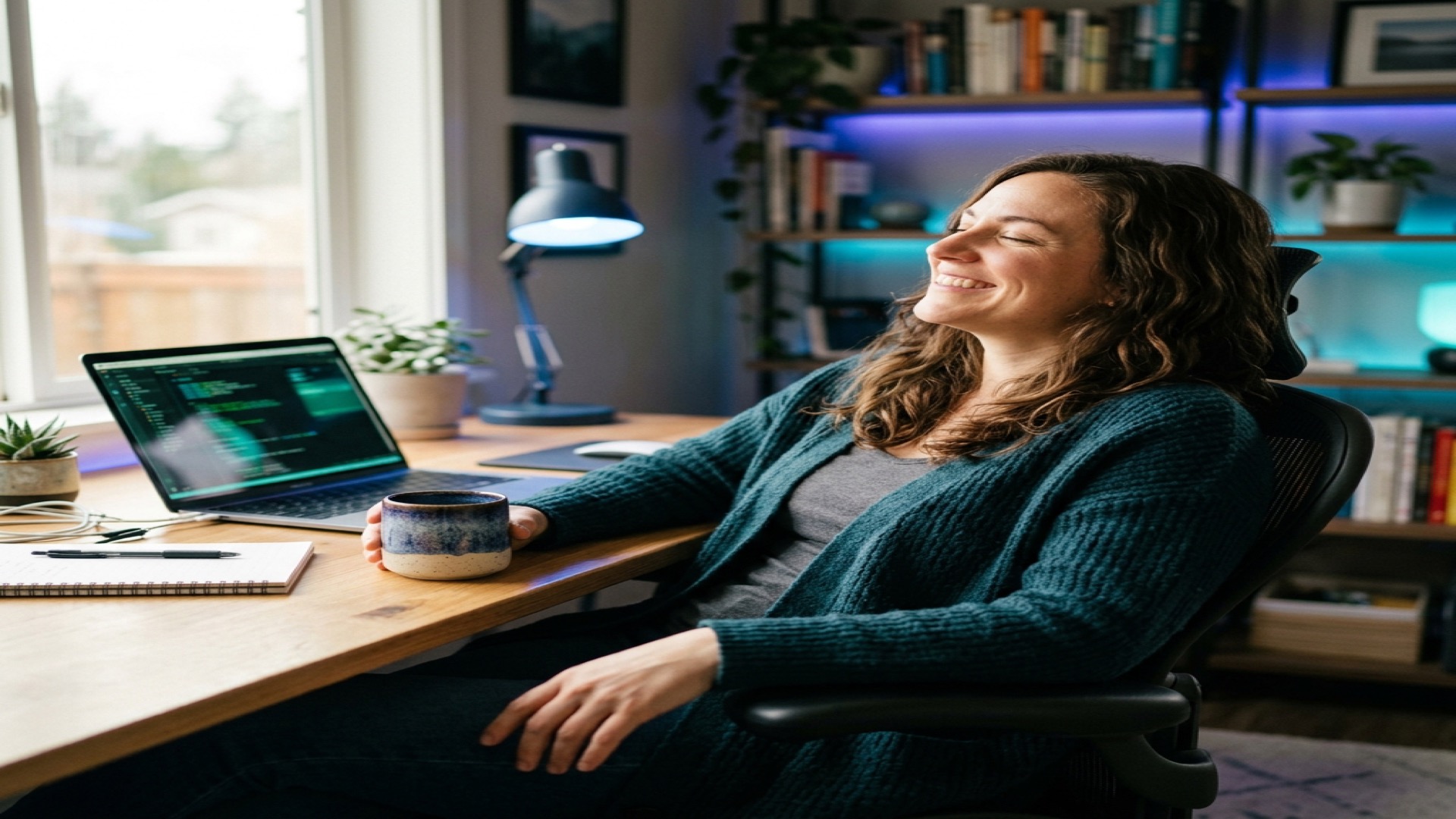 A learner sitting back with a satisfied smile after a breakthrough